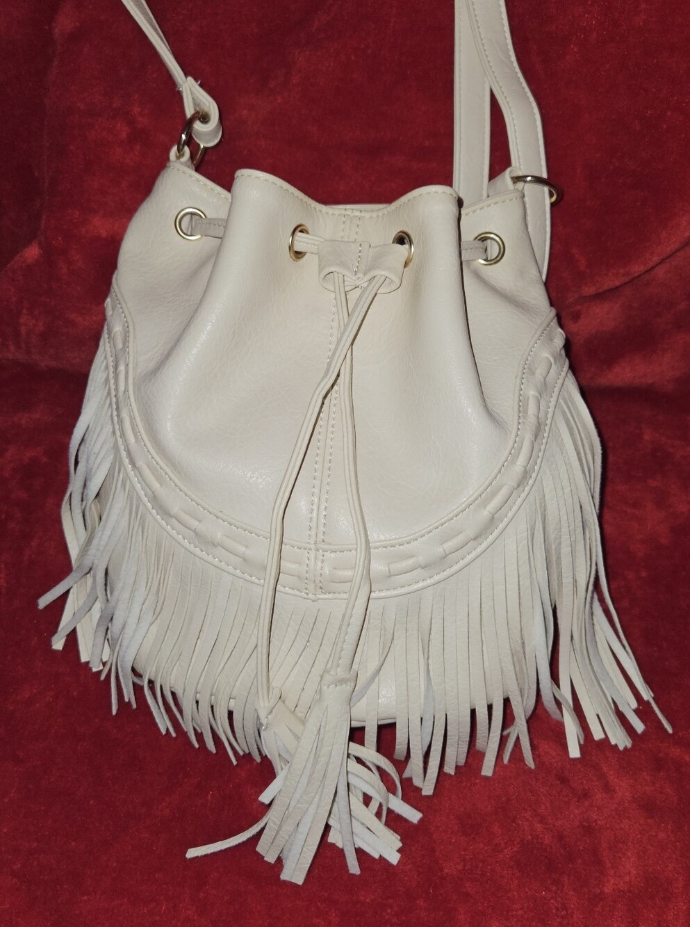 Unbranded Cream Fringe, Tassel, Drawstring Bucket Shoulder Bag